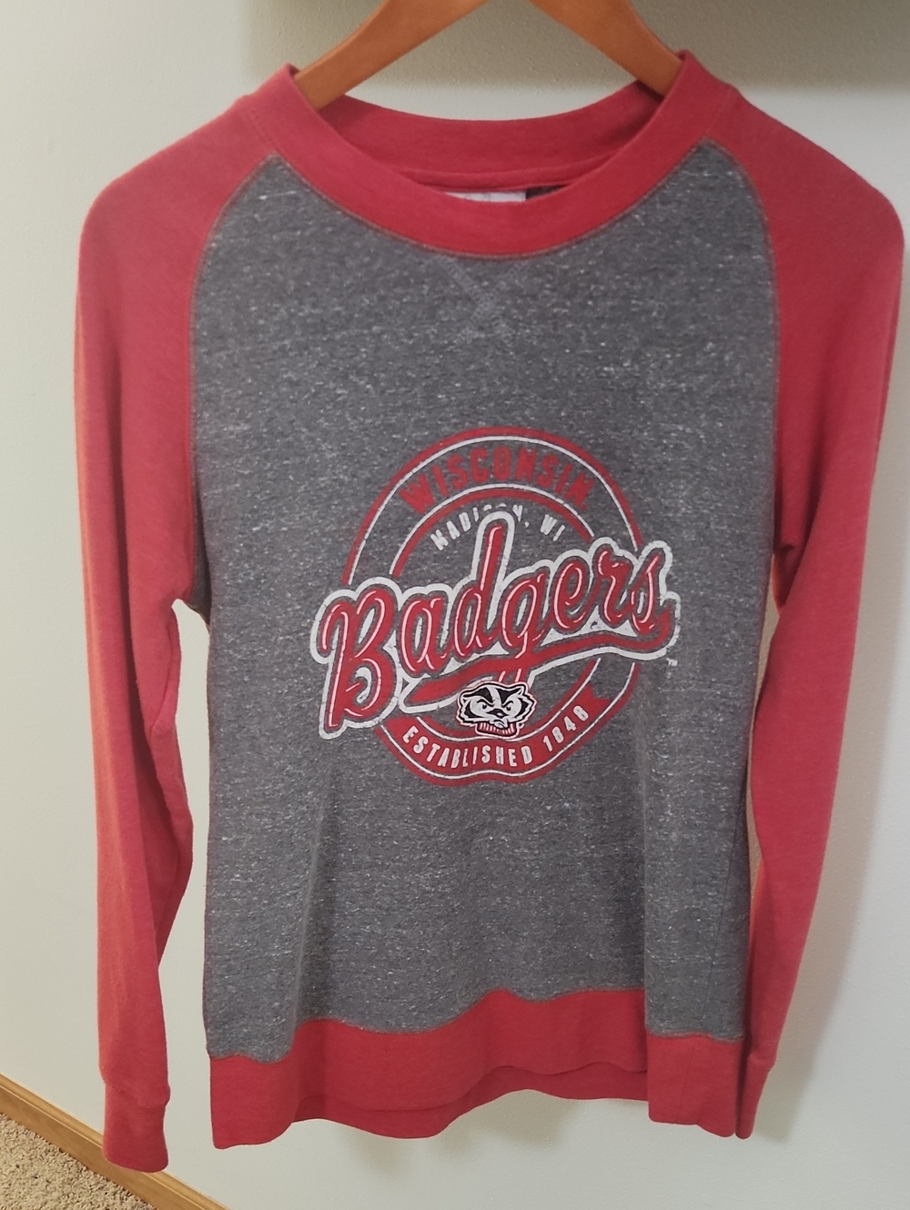 Wisconsin Badgers Red and Gray Raglan Crew